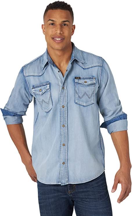Wrangler Men's Iconic Denim Regular Fit Snap Shirt | Amazon (US)