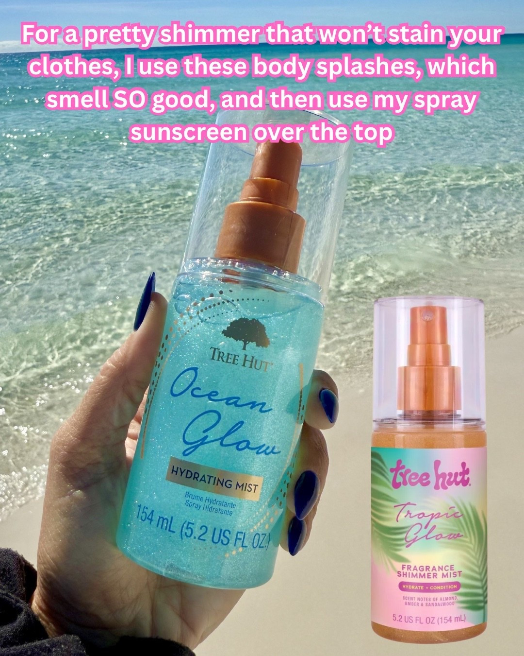 If you want a gorgeous shimmer at the pool or beach, these sprays are perfect and smell amazing! I have both! The tropic glow gives a golden shimmer and the ocean glow is a nice silvery blue. I then layer my sunscreen or dry tanning oil over the top. NO STAINING- unlike what happened with a shimmer sunscreen I tried recently that ruined my bathing suit.

#LTKBeauty #LTKSwim