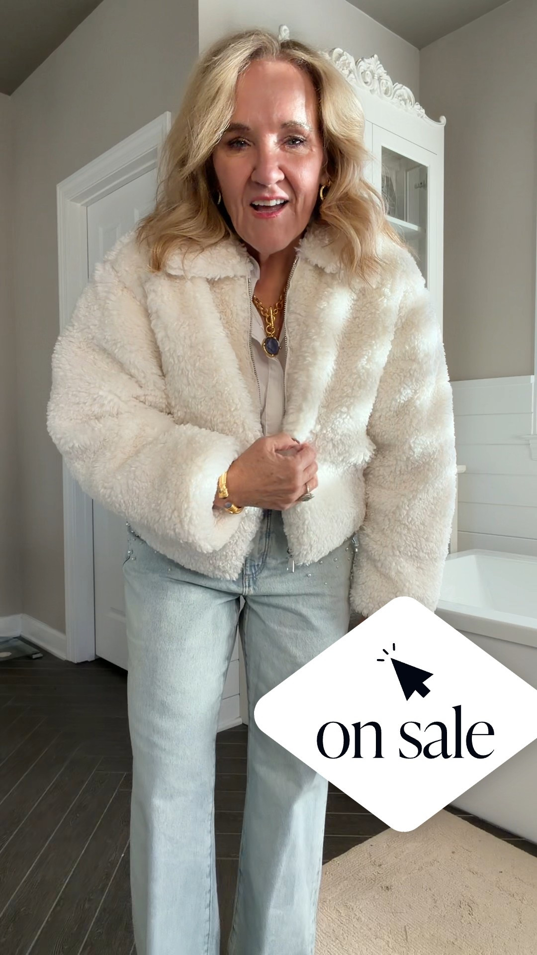 Coat on sale! Fun warm cozy coat in a pearly white. Size medium petite 
Blouse dude medium 
Jeans size 29 petite 


#LTKOver40 #LTKFindsUnder100 #LTKSaleAlert