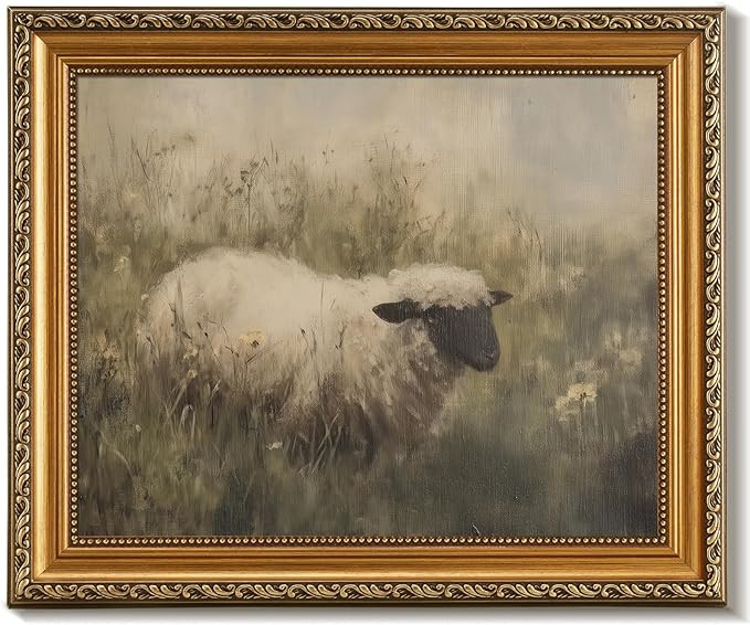 uniro Vintage Gold Framed Wall Art, Rustic Sheep Landscape Canvas Art Prints Painting, Moody Summ... | Amazon (US)