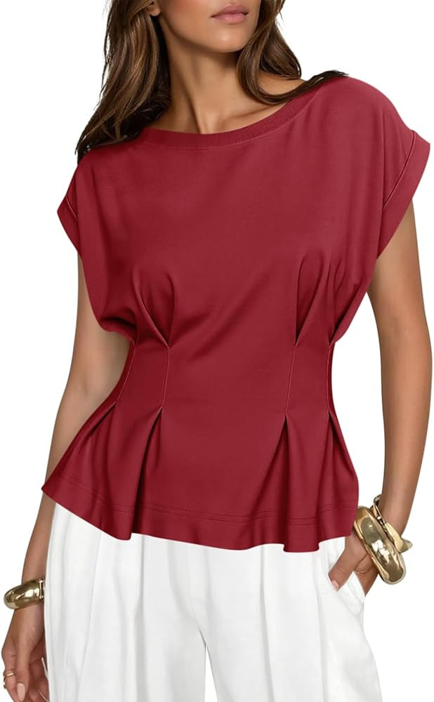Cicy Bell Womens Peplum Tops Summer Babydoll Cap Sleeve T-Shirts Dressy Casual Crew Neck Pleated ... | Amazon (US)