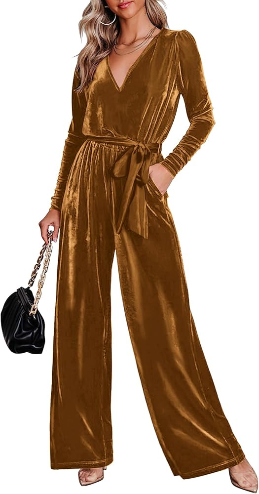MASCOMODA 2024 Velvet Long Sleeve Wide Leg Jumpsuits for Women Dressy V Neck Belted Romper One Pi... | Amazon (US)