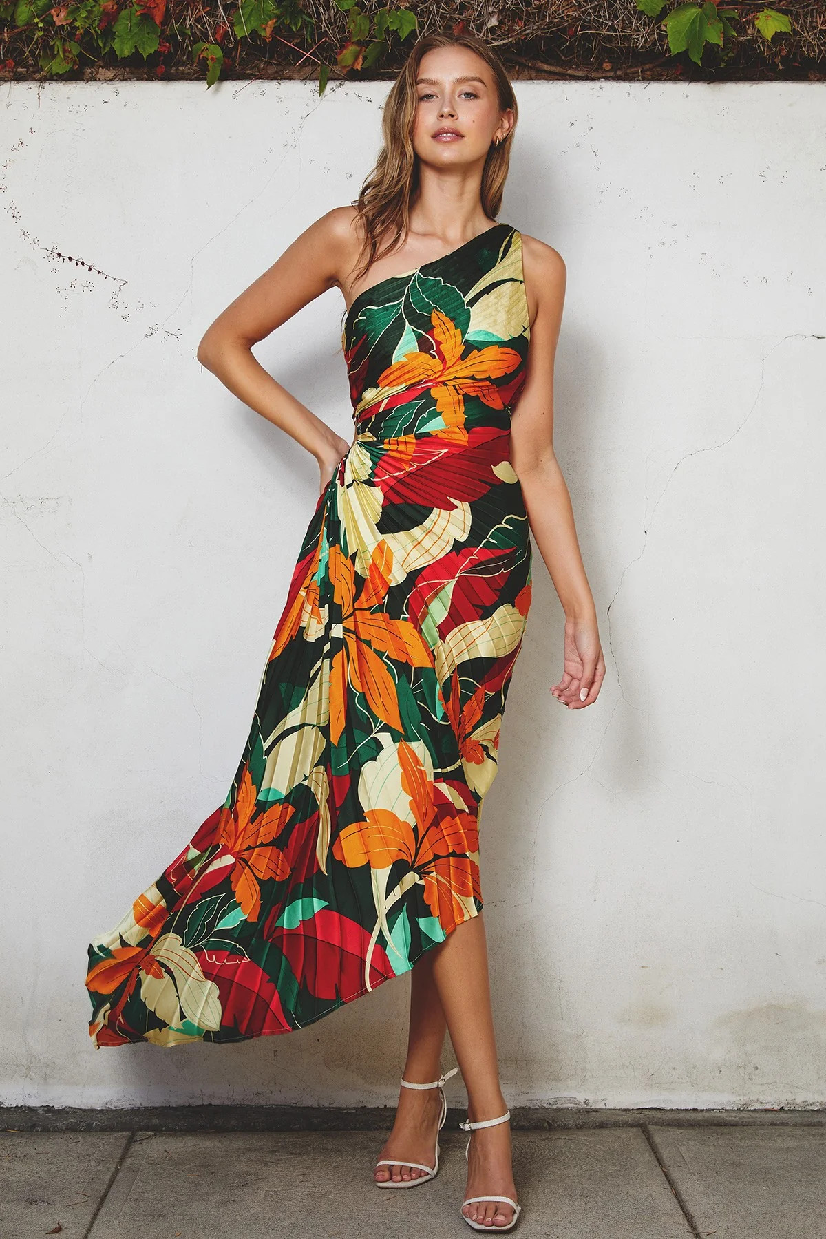 Multi-Color Floral Pleated Satin One Shoulder Asymmetrical Midi Dress | PinkBlush Maternity