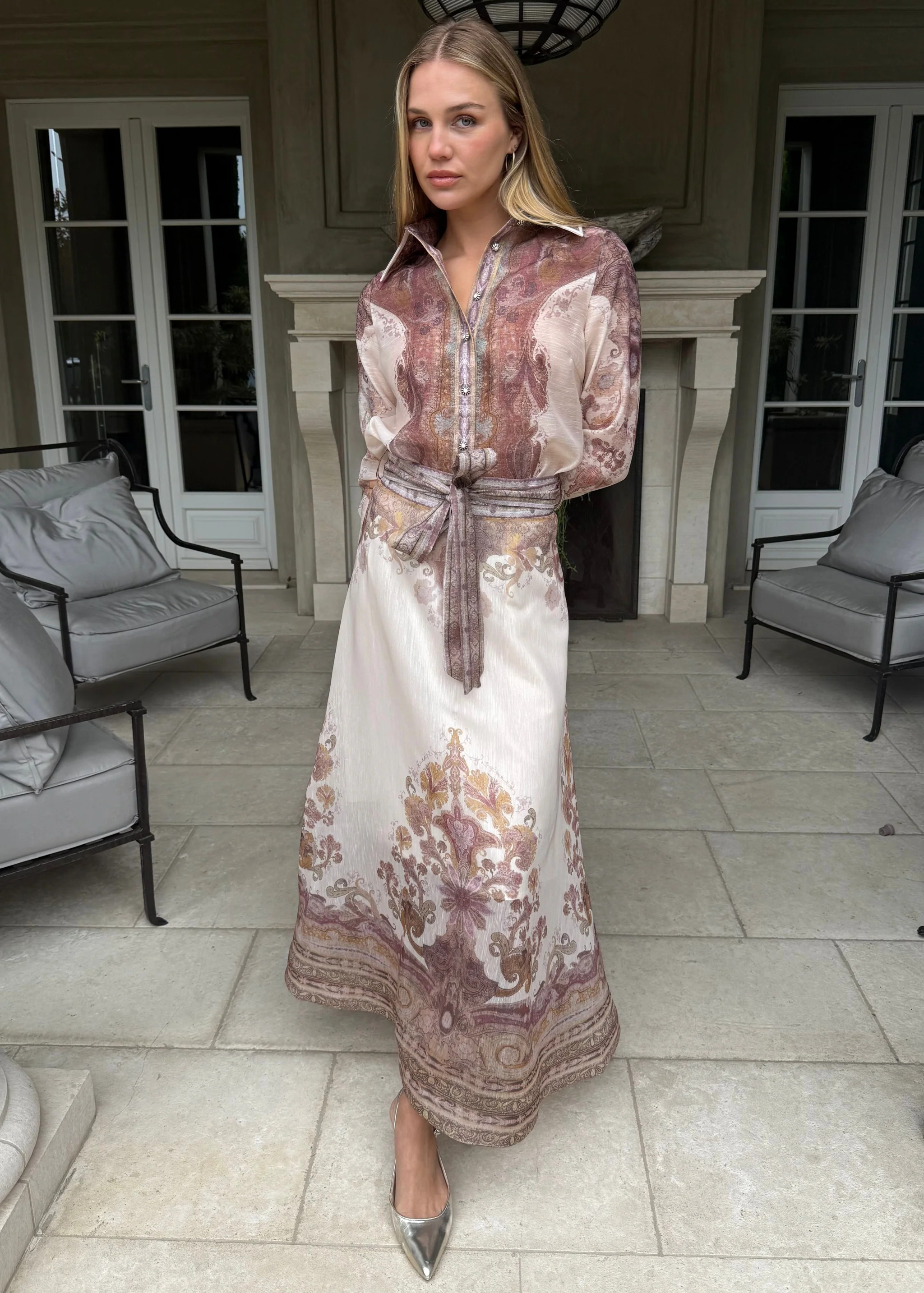 Katherine Tie Waist Maxi Skirt - Pink and Brown | Benaar La