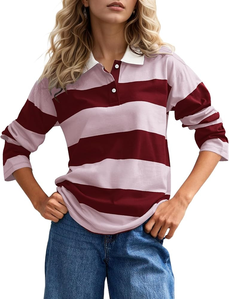 MISSACTIVER Womens Striped Polo Long Sleeve Shirts Color Block Lapel V Neck Workout Tops Fall Loo... | Amazon (US)