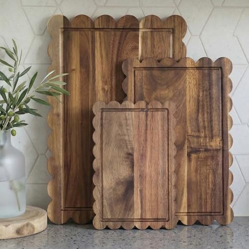 3 Pcs Scalloped Cutting Board Wood Set, Acacia Wood Decorative Serving Board for Kitchen Decor, Large Wavy Edge Charcuterie Board for Cottage core Kitchen Aesthetic Decor | Amazon (US)