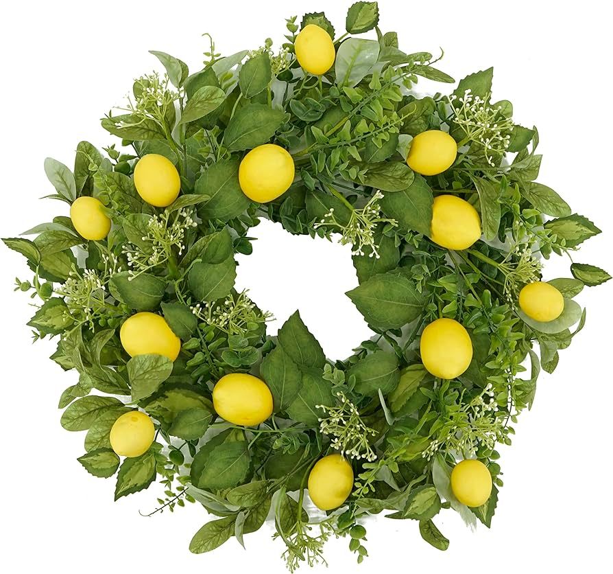 AMF0RESJ 20 inch Artificial Spring Summer Wreath Lemon Wreath with Yellow Lemons,Large Ivy Leaves... | Amazon (US)