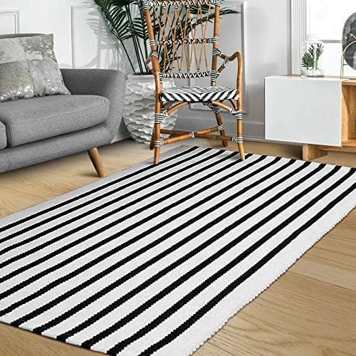 Boho Cotton Woven Stripe Black Off White Runner Rugs Area Rug Outdoor Indoor Front Door Carpet fo... | Amazon (US)