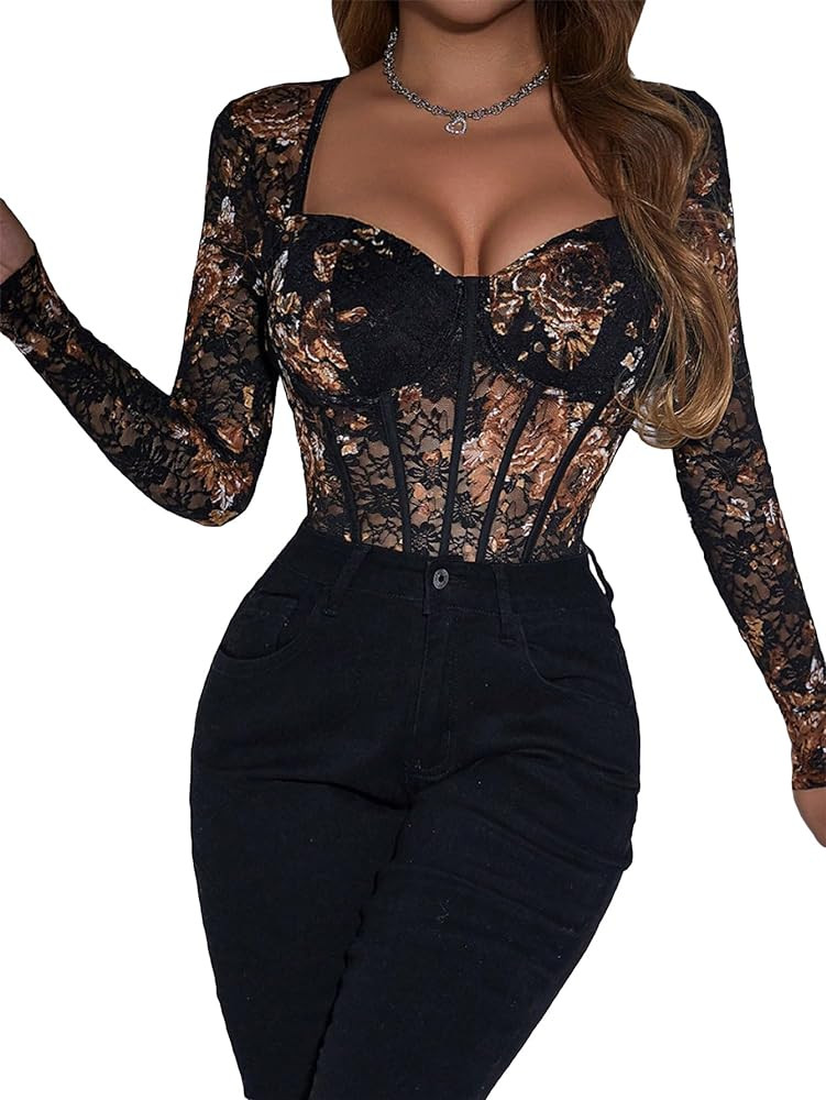 SweatyRocks Women's Sheer Floral Lace Long Sleeve Bodysuit Tops Sweetheart Neck Jumpsuit | Amazon (US)