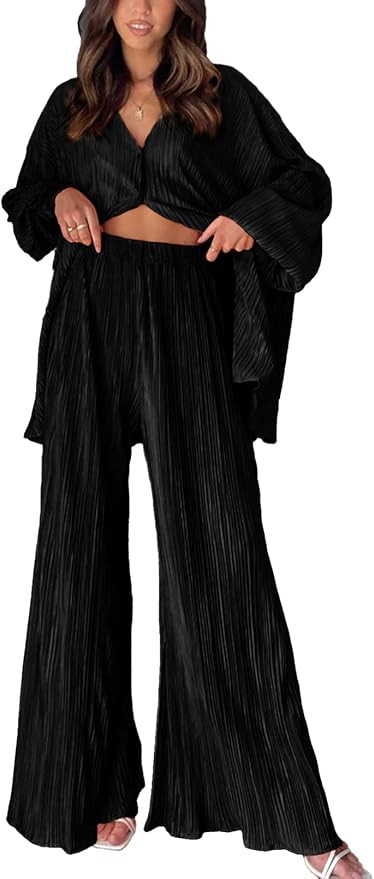 ONIRIKE Womens Loungewear Set 2 Piece Sweatsuits Outfits Casual Pleated Long Sleeve Button Down S... | Amazon (US)