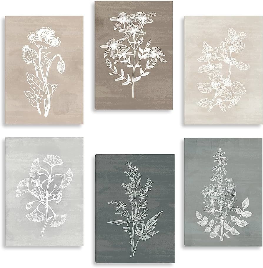 BINCUE Neutral Botanical Plant Canvas 6 Pieces Rustic Farmhouse Wall Art for Living Room Bedroom ... | Amazon (US)