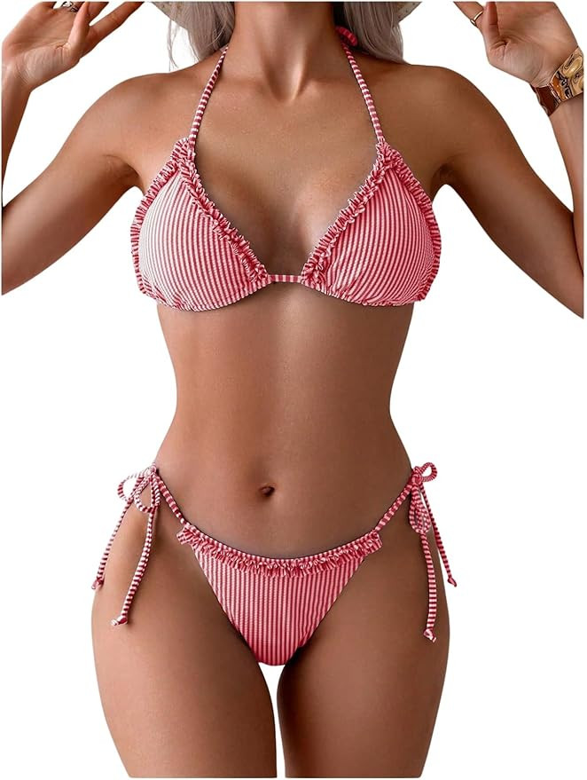 Verdusa Women's 2 Piece Striped Halter String Cute Bikini Sets Swim Suits Cheeky Triangle Bathing... | Amazon (US)