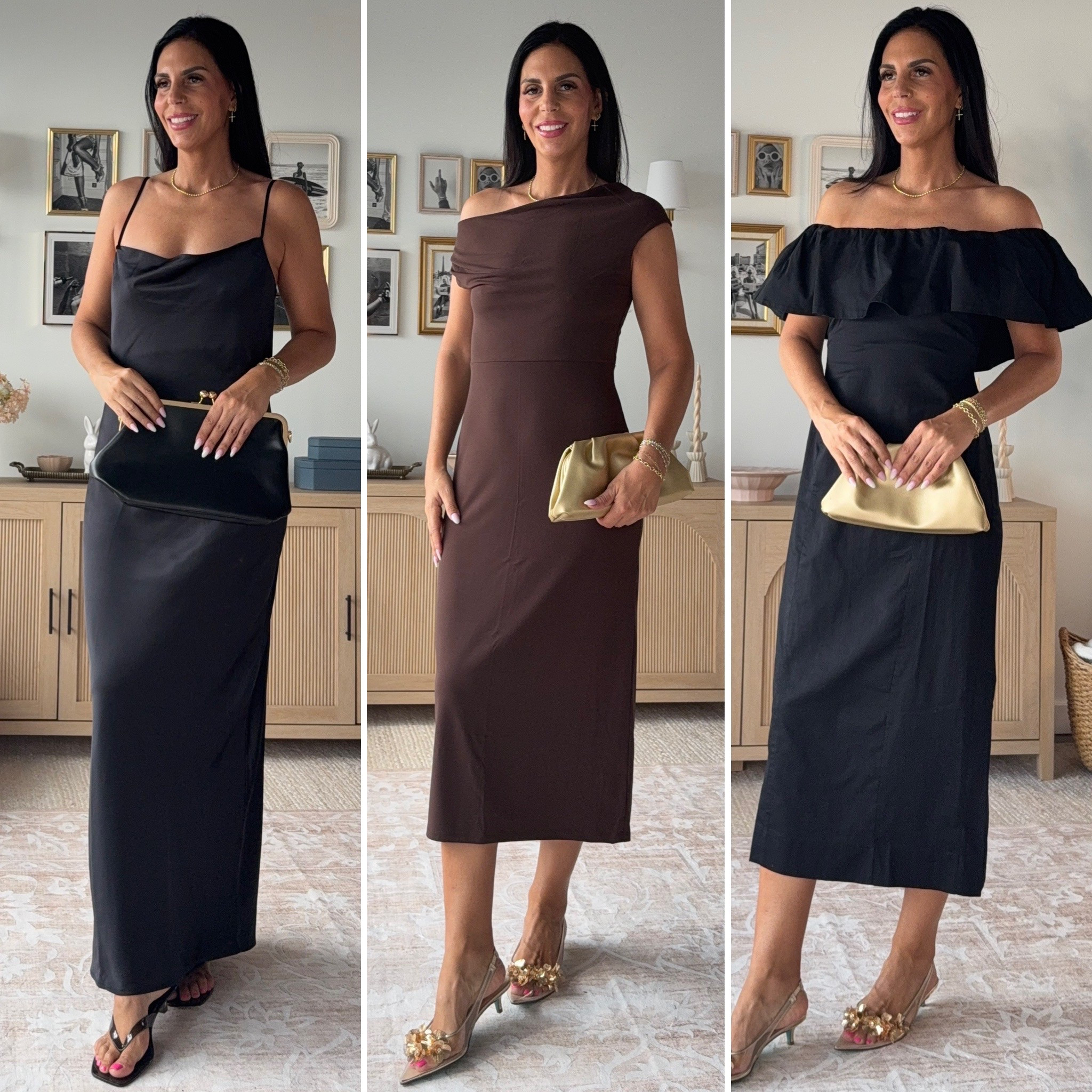 Affordable event dresses for Spring and Summer. They come in multiple lengths and are amazing quality for well under $100.
Wearing a small tall in all of them.  The off the shoulder runs big.  I would size down 