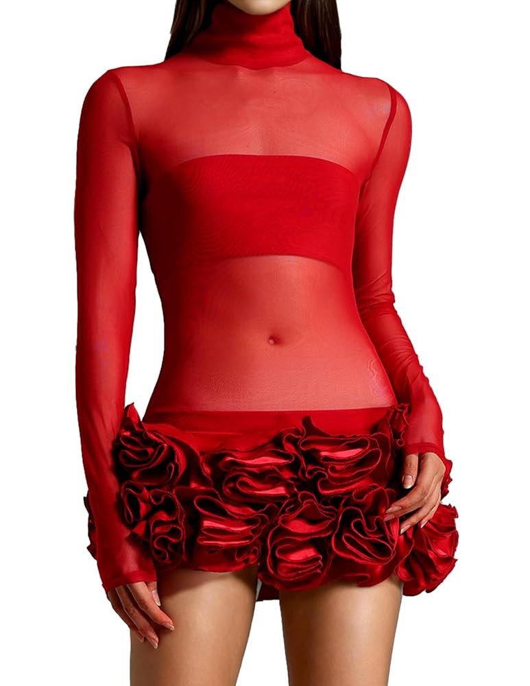 BELLA BARNETT Long Sleeves Mesh Dress 3D Flowers See Through Dress Tempting Party Dress | Amazon (US)