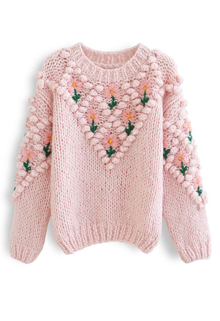 Stitch Floral Diamond Pom-Pom Hand Knit Sweater in Pink | Chicwish