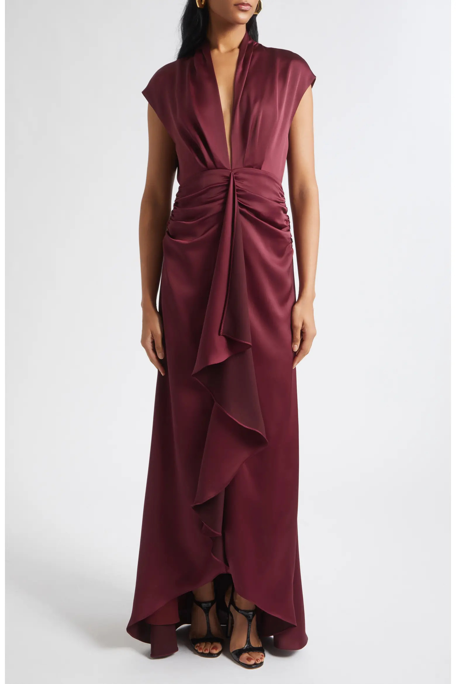Ramy Brook Catrin Plunge Neck Center Ruched Satin Gown (Women) | Nordstrom | Nordstrom