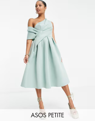 ASOS DESIGN Petite bare shoulder prom midi dress in frosty sage | ASOS (Global)
