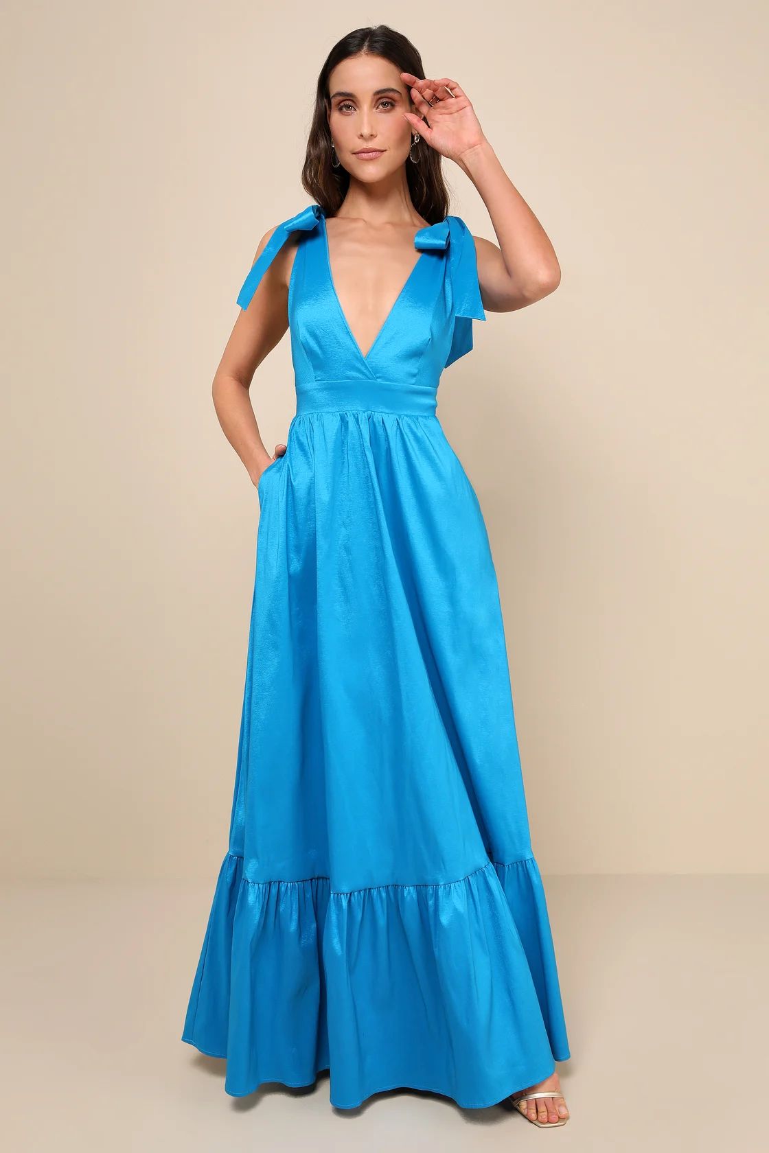 Rare Charm Teal Blue Taffeta Tie-Strap Maxi Dress With Pockets | Lulus