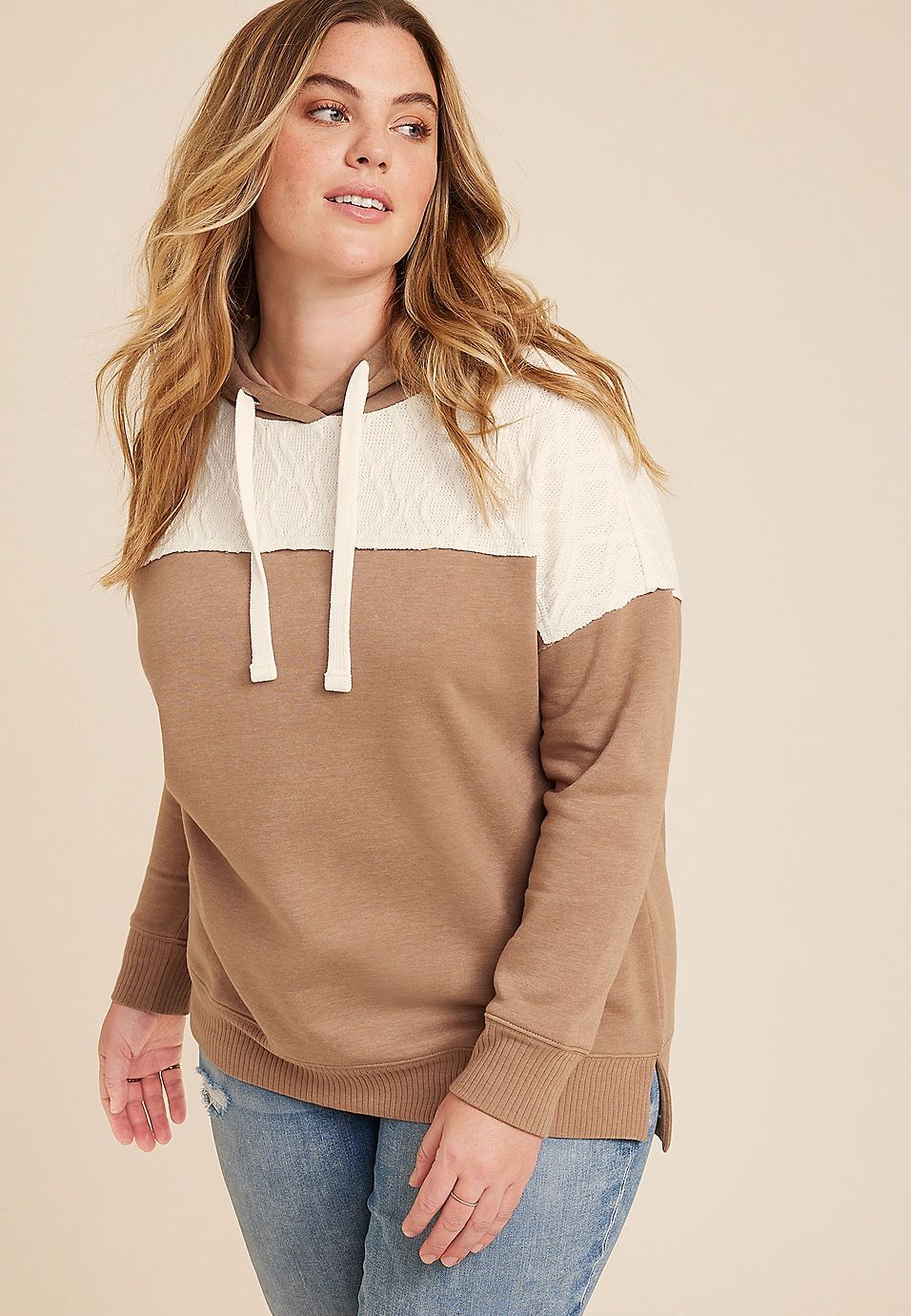 Plus Size Colorblock Mixed Media Hoodie | Maurices
