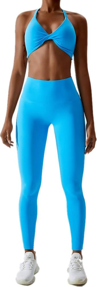ABOCIW Workout Sets for Women Twist Front Halter Sports Bras High Waist Legging 2 Piece Exercise ... | Amazon (US)