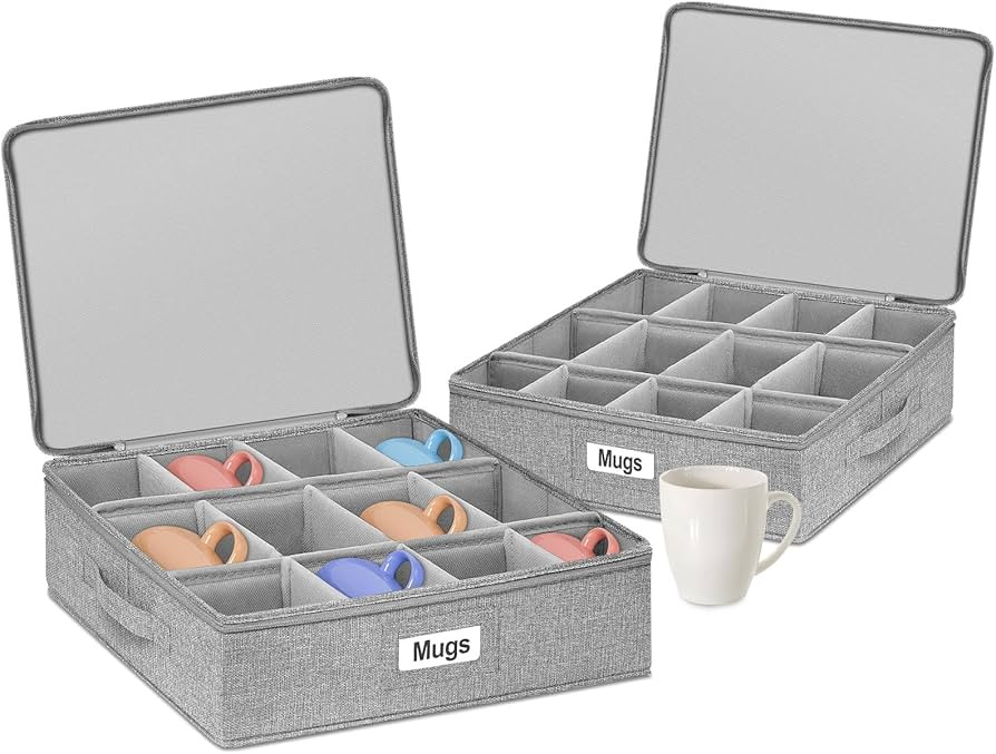 punemi Mug Storage Organizer with Rigid Top, Sides & Bottom, Padded Dividers, 2-Pack Stackable Co... | Amazon (US)