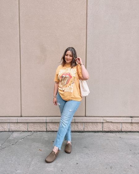 Midsize fall transition outfit - graphic tee (wearing M), straight leg jeans (wearing 10), Boston clogs look for less 

Midsize fashion, casual outfits 


#LTKmidsize #LTKSeasonal #LTKSale