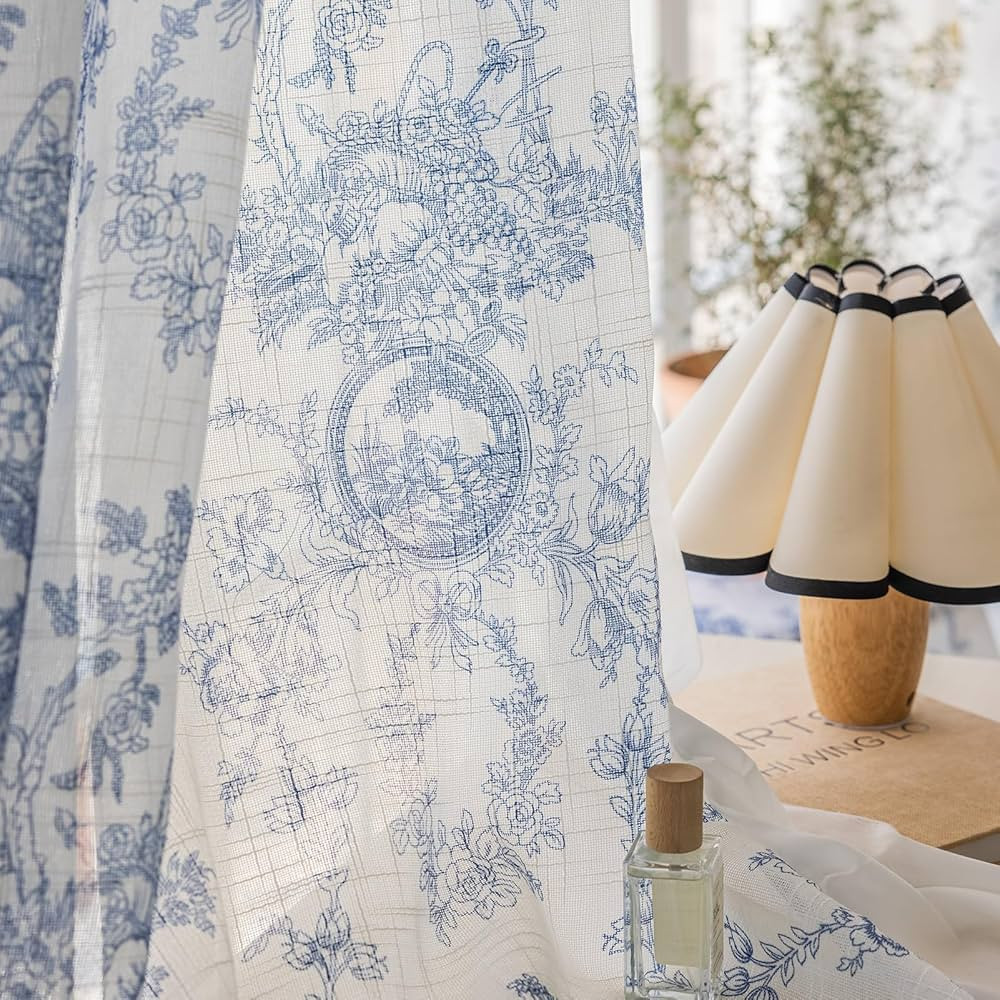 Blue and White Floral Semi Sheer Curtains Linen Textured for Living Room 96 inches Long 2 Panels ... | Amazon (US)