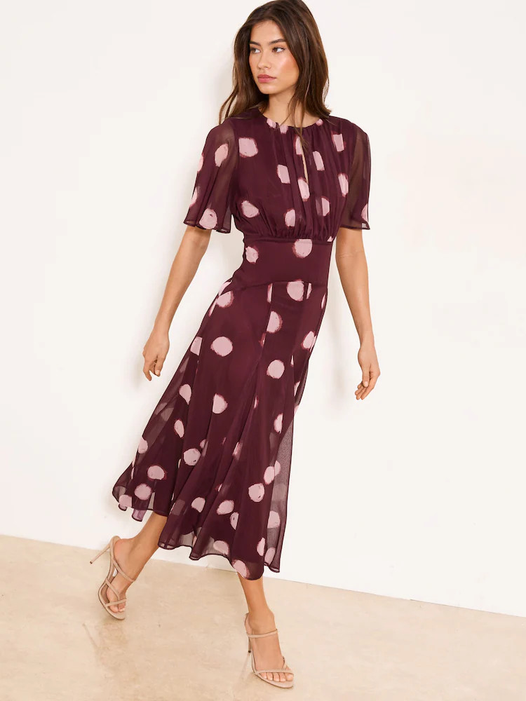 Lipsy Burgundy Red Spot Short Flutter Sleeve Midi Dress | Next EU
