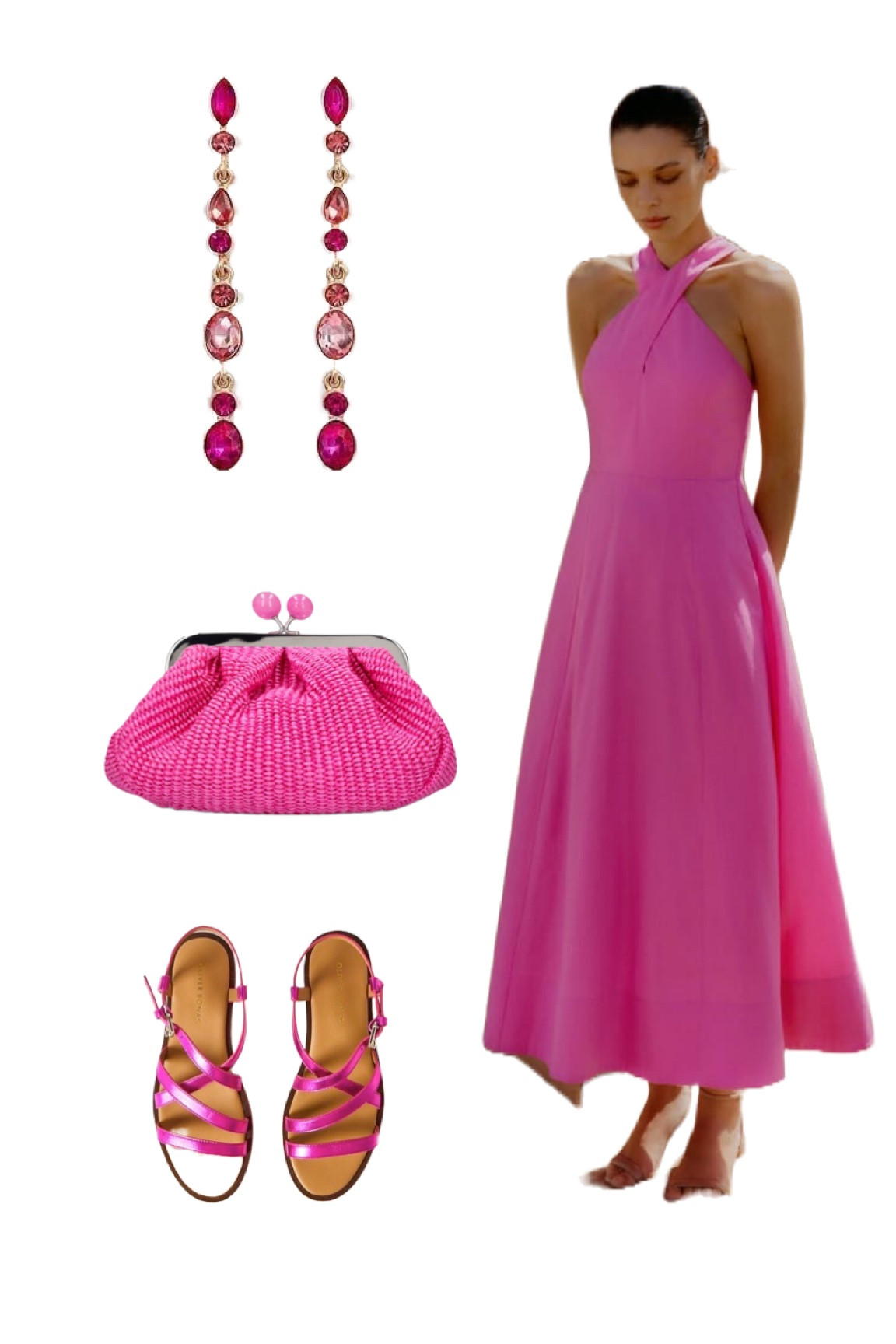 Think Pink. If you’re planning on being the sexiest guest at the summer event, this is the outfit for you! A ME & EM pink maxi with cross-cross neck, partnered with a pink raffia clutch from Weekend by Maxmara and sexy pink metallic sandals by Oliver Bonas. Finish the look with these long pink Mabel earrings by LK Bennett to add even more attention to your bare shoulders! 

#pinkdress #barbiecore #summeroutfit #summerdress

#LTKsummer #LTKuk #LTKwedding