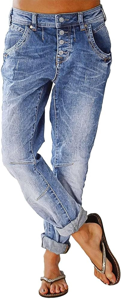 Flamingals Women's Stretchy Straight Leg Casual Mid Rise Jeans Wash Button Fly Stitch Detail 90s ... | Amazon (US)