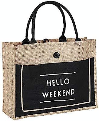 Simple European Style Female Hello Weekend Jute Cotton Handbags Women Big Size Beach Bag for Girl... | Amazon (CA)