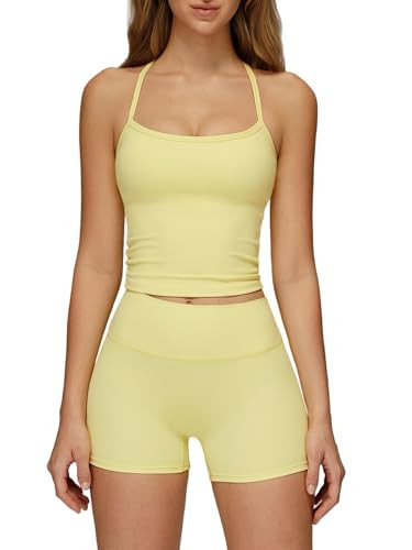 ABOCIW Workout Sets for Women Padded Sports Bra Tank Tops High Waist Booty Shorts Gym Yoga Active Wear Outfits Yellow X-Small | Amazon (US)
