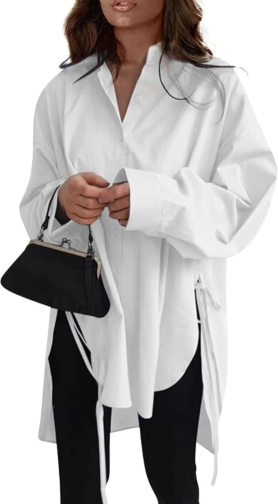 Women Long Sleeve Button Down Shirts,Classic Loose Fit Casual Work Oversized Boyfriend Asymmetric... | Amazon (US)