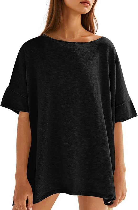 Tankaneo Women's Oversized T Shirts Casual Summer Crew Neck Loose Dropped Short Sleeve Side Slit ... | Amazon (US)