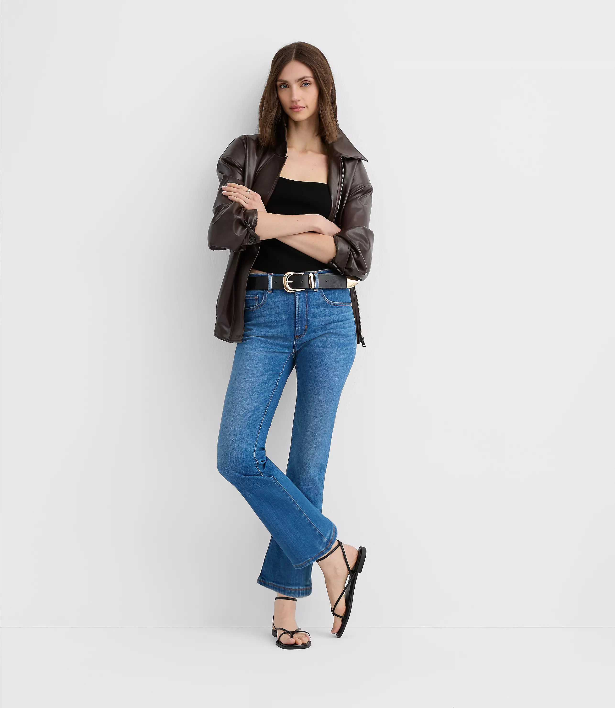 Rivete Mid Rise Kick Crop Jeans in Dark Wash | LOFT