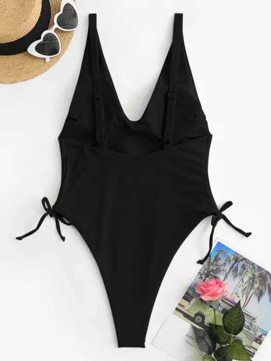 ZAFUL Solid Cinched Side High Cut One-piece Swimsuit   BLACK LIGHT GREEN LIGHT PURPLE | ZAFUL (Global)