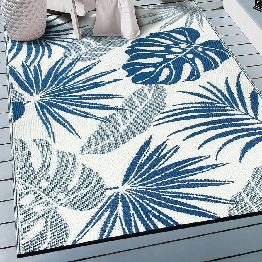 Rugshop Tropical Floral Leaf Reversible Crease-Free Waterproof Premium Recycled Plastic Outdoor R... | Amazon (US)