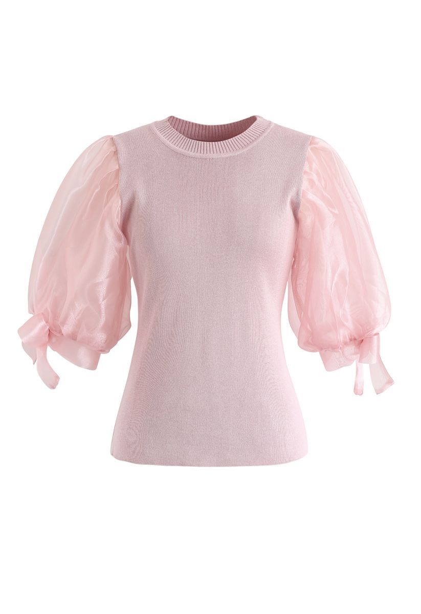 Organza Bubble Sleeves Knit Top in Pink | Chicwish