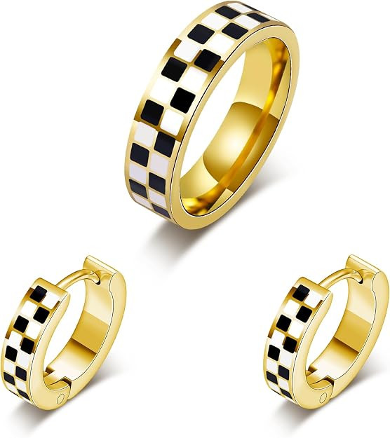 Checkered Jewelry Set for Women - 18K Gold Plated Stainless Steel Checkerboard Ring & Black and W... | Amazon (US)