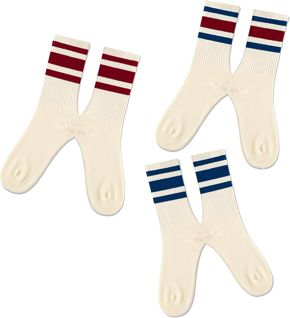 4 PAIRS Novelty Socks For Women Striped Retro Crew Socks Sporty Calf Socks Casual Cotton Socks Wo... | Amazon (US)