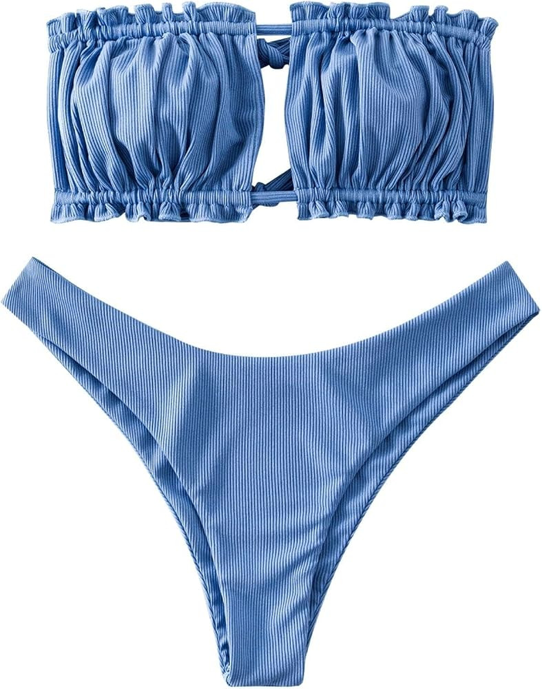 ZAFUL Women 2 Piece Strapless Bikini Swimsuits Ruffle Ribbed Self Tie Bandeau Bikini Set High Cut... | Amazon (US)