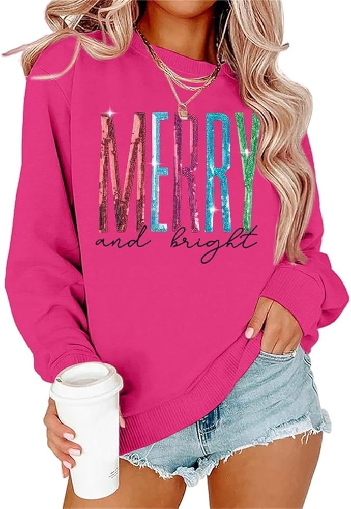 Merry and Bright Sweatshirt Women Merry Christmas Letter Print Long Sleeve Sweater Xmas Crewneck ... | Amazon (US)