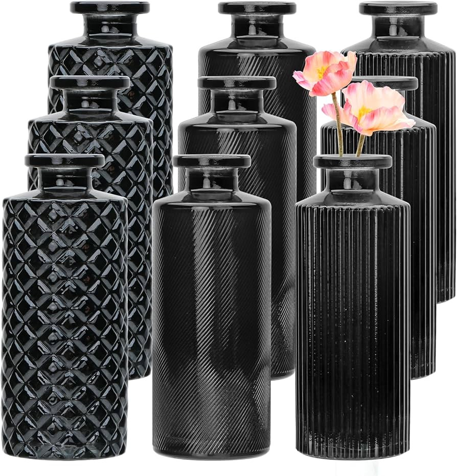 Brajttt Glass Bud Vase Set in Bulk, 9pcs Mini Vintage Flower Vases for Wedding,Black Relief Vase ... | Amazon (US)