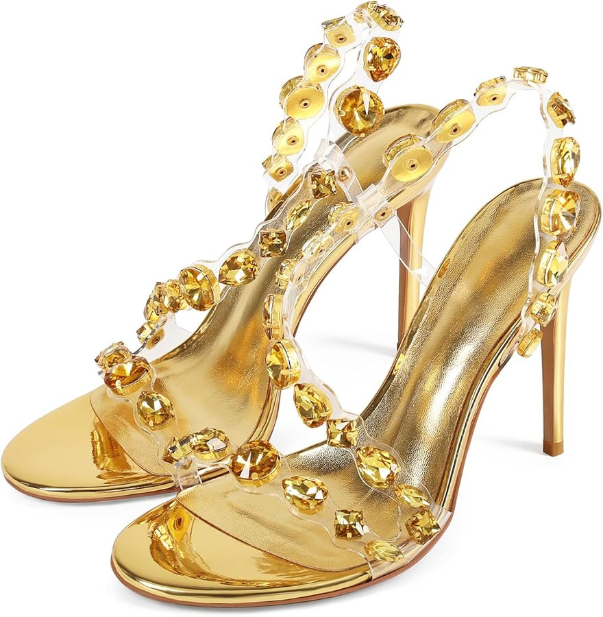 Women\u2019s Clear Rhinestone High Heel Sandals Open Toe Stiletto Heel Transparent Crystal Strap ... | Amazon (US)