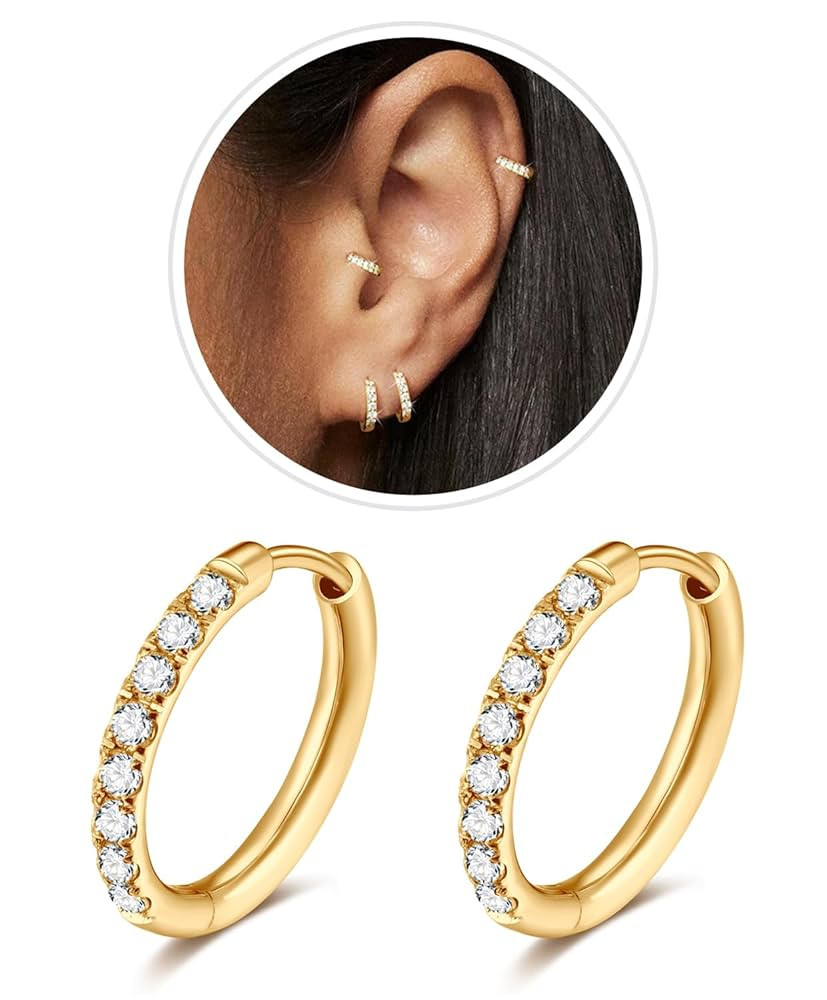 1 Pair Gold Small Hoop Earrings Cubic Zirconia Huggie Hoop Earrings,Hypoallergenic 14K White Gold... | Amazon (US)