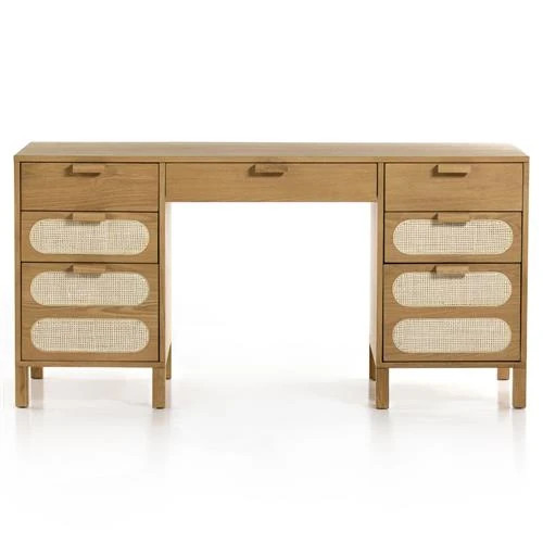 Allie Coastal Light Brown Oak Wood Natural Woven Cane Desk | Kathy Kuo Home