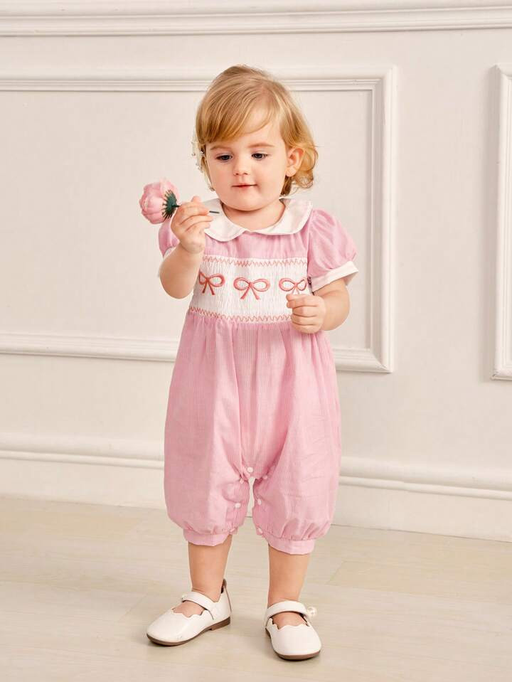 Spring And Summer Cute Classic Striped Romper With Embroidered Bow For Baby Girls | SHEIN USA | SHEIN