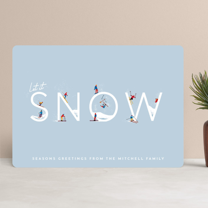 "Let it Snow Ski Hill" - Customizable Holiday Cards in Blue by Laura Mitchell. | Minted