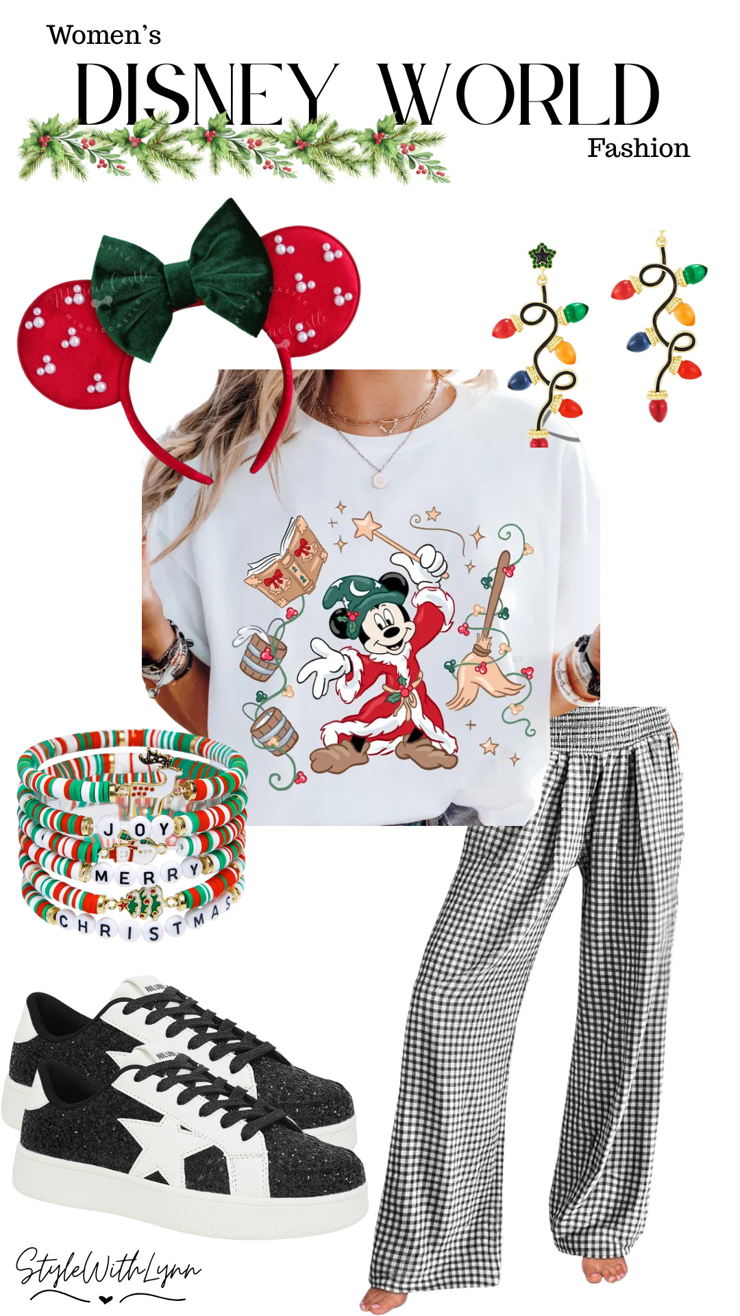 Holiday magic meets Disney style! This Sorcerer Mickey Christmas outfit is perfect for a cozy park day or a festive family trip to Disney World. From the Mickey Christmas tee to the red and green Minnie ears, every detail brings that merry park magic! 

Style it with gingham lounge pants, sparkle sneakers, and holiday bracelets for the ultimate mix of comfort and Disney cheer. Perfect for Disney holiday outfits, Christmas park days, or magical vacation looks! 🎁

🛍️ Shop this festive look and bring the holiday spirit to your next Disney trip!

#DisneyWorldOutfit #DisneyChristmasOutfit #DisneyHolidayStyle #SorcererMickey #DisneyOutfitIdeas #DisneyStyleInspo #DisneyChristmasFashion #HolidayDisneyOutfit #StyleWithLynn #DisneyTripOutfit #DisneyOOTD 

 #LTKHoliday #LTKSeasonal #LTKTravel