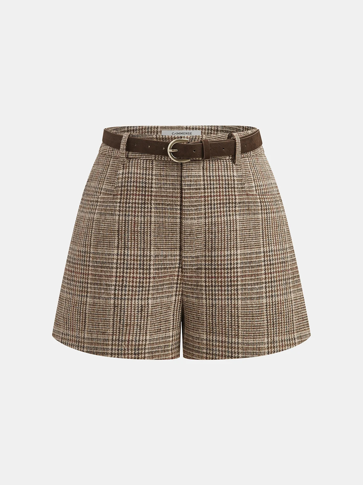Mid-Waisted Belted Plaid Shorts | Commense